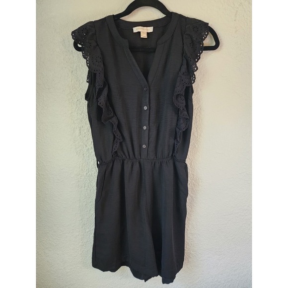 Monteau Los Angeles Black Lace Trim Ruffle Sleeveless V Neck Romper Jumpsuit L - Picture 2 of 5